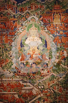 Thangka Tibetan Buddhist painting on cotton, silk appliqué,