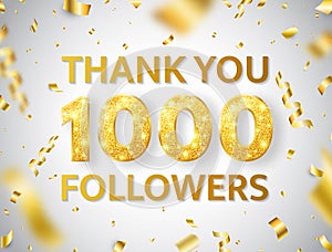 Thank you 1000 followers background with falling gold confetti and glitter numbers. 1k followers celebration banner