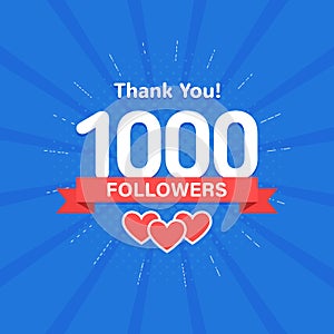 Thank you 1000 followers. Congratulation card. Web Social media concept. Blogger celebrates a many large number of