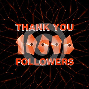 Thank you 10000 followers, thanks banner. Follower congratulation card with polygonal numbers and neural network background for
