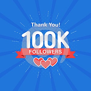 Thank you 100000 or 100k followers. Congratulation card. Web Social media concept. Blogger celebrates a many large
