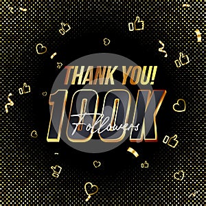 Thank you 100K followers 3d Gold and Black Font and confetti. Vector illustration 3d numbers for social media 100000