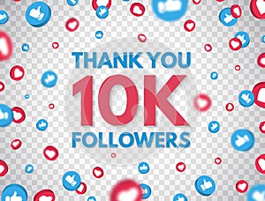 Thank you 10k followers background with falling likes and thumbs up icon. 10 000 followers celebration banner. Social