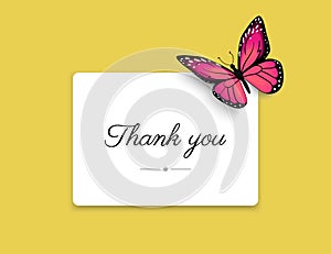 Thank you blank card with beautiful red butterfly on yellow background