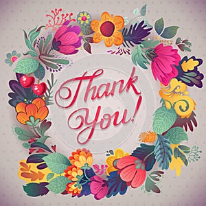 Thank you card in bright colors.Stylish floral background with text, berries, leaves and flower