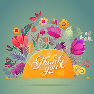 Thank you card in bright colors. Stylish floral background with text, berries, leaves and flower