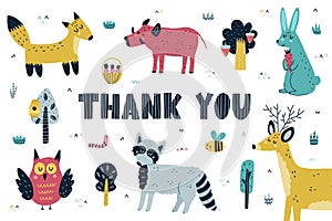 Thank you card with cute forest animals. Woodland characters background