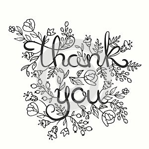 Thank you card. Hand drawn lettering design. Greeting card with flowers. Line art style. Vector illustration.