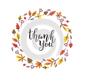 Thank you card illustration with autumn leaves wreath and lettering. - Vector