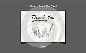 Thank you card musical instruments hand drawn line art with brushstroke and heart shapes design