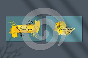 Thank you card template with brushstroke ink fluid and tropical botanic and lettering font design