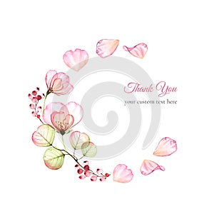 Thank you card with text. Watercolor transparent rose bouquet with flying petals. Round frame composition isolated on