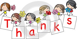 Thank you card vector cartoon girls with flowers