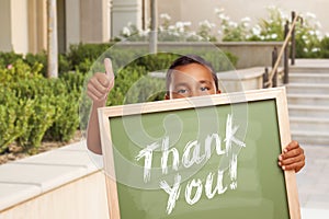 Thank You Chalk Board Held by Hispanic Boy Giving Thumbs Up