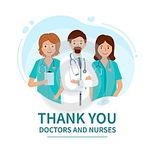 Thank you doctors and nurses. Card with Group of doctors.