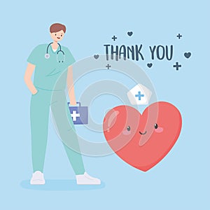 Thank you doctors and nurses, doctor with kit first aid and heart cartoon