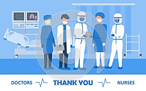 Thank you doctors and nurses working in the hospitals. Intensive care unit clinic with air oxygen sensor is shown on the