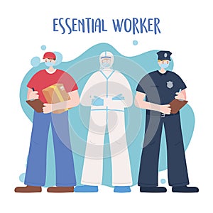 Thank you essential workers, male group employees, wearing face masks, various occupations, coronavirus covid 19 disease