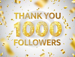 Thank you 1000 followers background with falling gold confetti and glitter numbers. 1k followers celebration banner photo