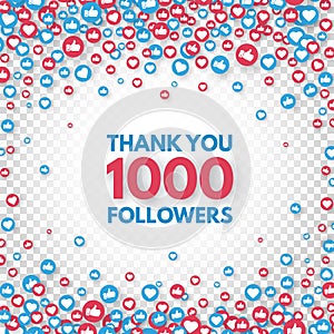Thank you 1000 followers background. Social media concept. 1k followers celebration banner. Like and thumbs up photo