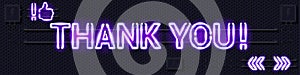 THANK YOU glowing purple neon lamp sign on a black electric wall