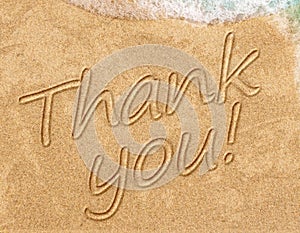 Thank you, gratitude concept, beautiful card, word written on sand beach