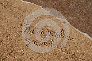 Thank you, gratitude concept, beautiful card, word written on sand beach