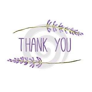 Thank you greeting card with flowers of lavender. Vector watercolor