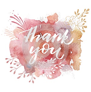 Thank You Hand drawn calligraphy with watercolor abstract splashes