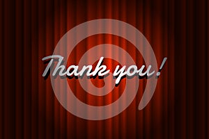 Thank you handwrite title on closed red silky luxury theater curtain background with spotlight beam illuminated. Old