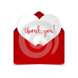 Thank you handwritten calligraphic text message in open red envelope with paper heart isolated on white, vector illustration