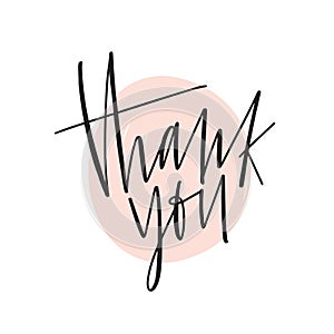 Thank you handwritten creative lettering. Gratitude expression vector brush pen phrase on pink. Thankfulness and