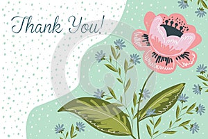 Thank you. Horzontal Hand drawng brush picture . Doodle Flowers and leaves arrangements. Vector photo