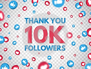 Thank you 10k followers background with falling likes and thumbs up icon. 10 000 followers celebration banner. Social photo