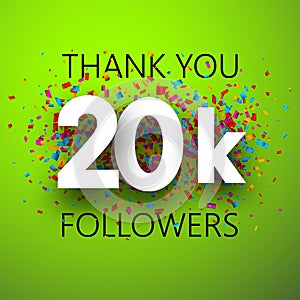 Thank you, 20k followers. Card with colorful confetti.