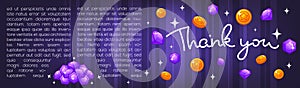 Thank you lettering coins and diamonds, vector template designs
