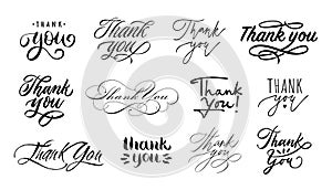 Thank you lettering. Handwritten calligraphic words of thanks, thanking tags for letter or card design vector set photo