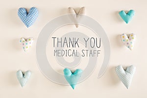 Thank You Medical Staff message with blue heart cushions