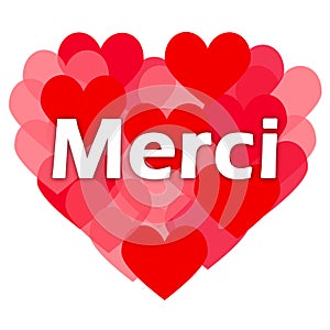 Thank you or merci in french. Pink heart and hearts cloud. Illustration.