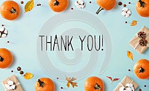 Thank you message with autumn pumpkins with present boxes