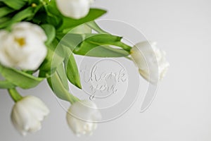 Thank You Message with White Tulips on Grey