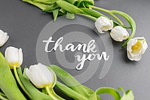 Thank You Message with White Tulips on Grey