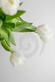 Thank You Message with White Tulips on Grey