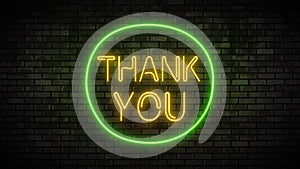 Thank You Neon Light on Brick Wall. Night Club Bar Blinking Neon Sign