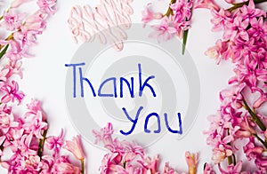 Thank you note with hyacinth spring flowers arrangement