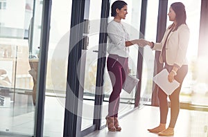 Thank you for this opportunity to work together. two businesswomen shaking hands in an office.