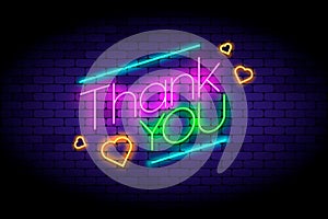 Thank you phrase and hearts on the wall in neon style.