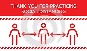 Thank you for practicing social distancing concept sign.Keep Safe Distance Social Distancing in Queue 1 Meter Instruction Icon