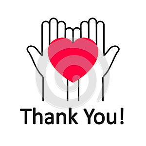 Thank You red heart on hand icon, volunteer and donation, charity logo, human hands are holding heart symbols - vector