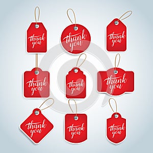 Thank you red tags, badges, cards set. Isolated illustrations.